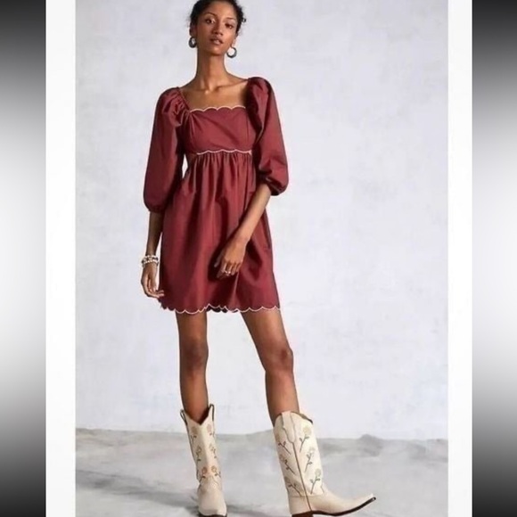 NWT Anthropologie Forever That Girl Scalloped Puff Sleeve Cotton Mini Dress XL - Picture 2 of 13